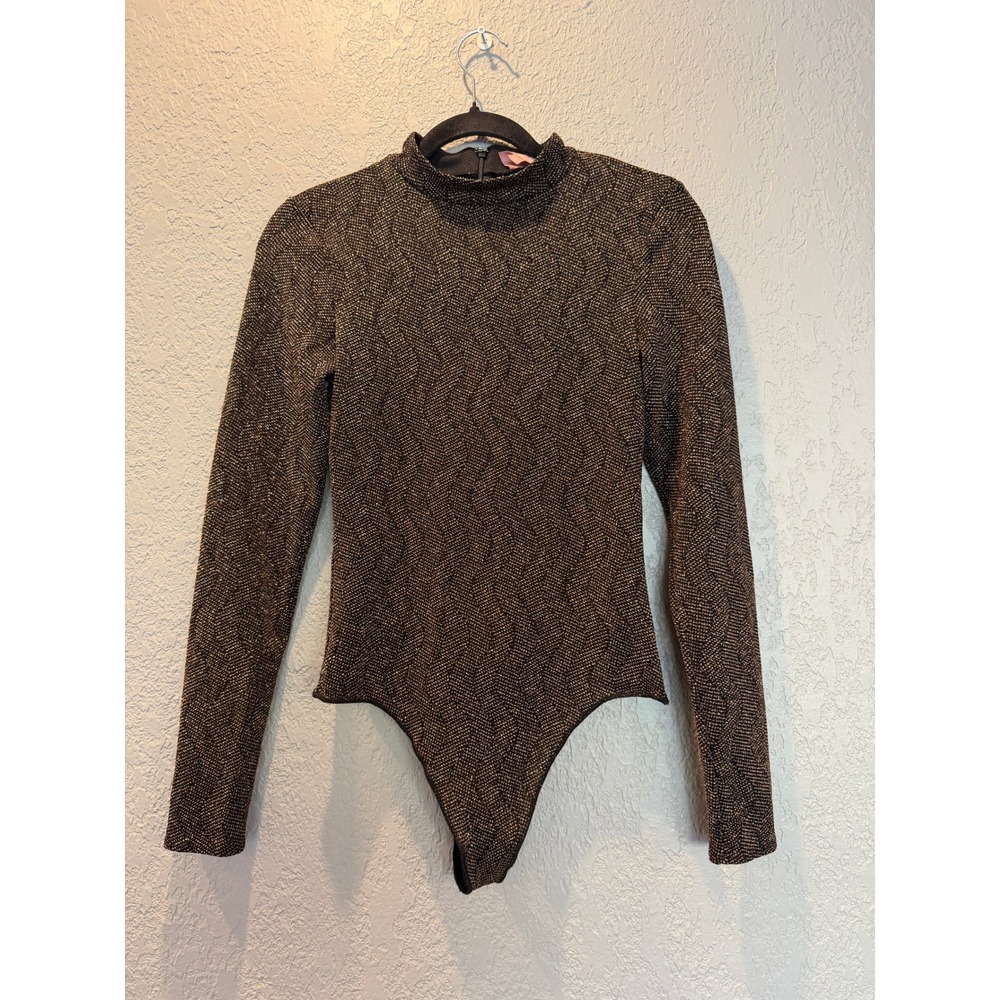 Show Me Your Mumu Sparkle Herringbone Mock Neck Long Sleeve Bodysuit Top L
